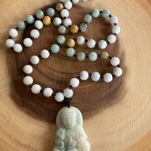 Multi-Tone Jade Bead Necklace with Carved Pendant - Green & White